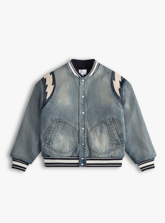 RHUDE DENIM LIGHTNING VARSITY JACKET New Arrival