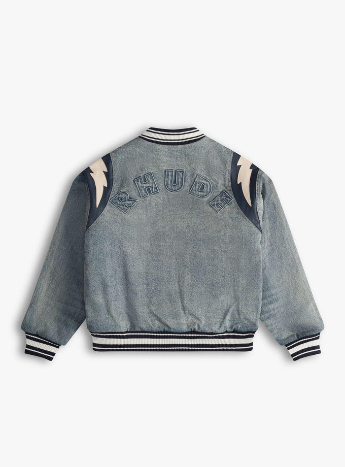 RHUDE DENIM LIGHTNING VARSITY JACKET New Arrival