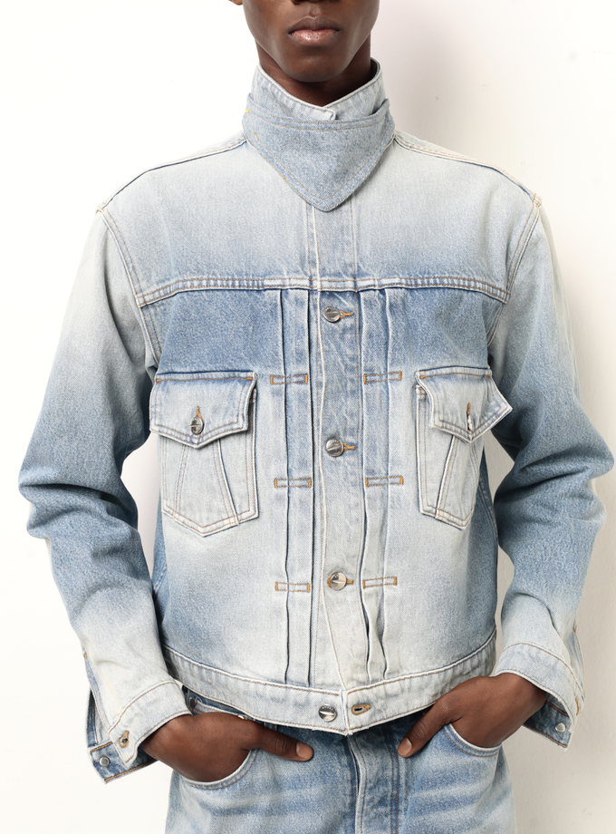 RHUDE NECK-STRAP DROP-NECK DENIM TRUCKER JACKET Same Day Delivery