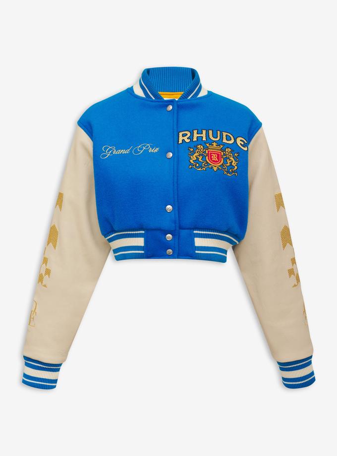 RHUDE WOMENS F1 CROPPED VARSITY JACKET Best Seller