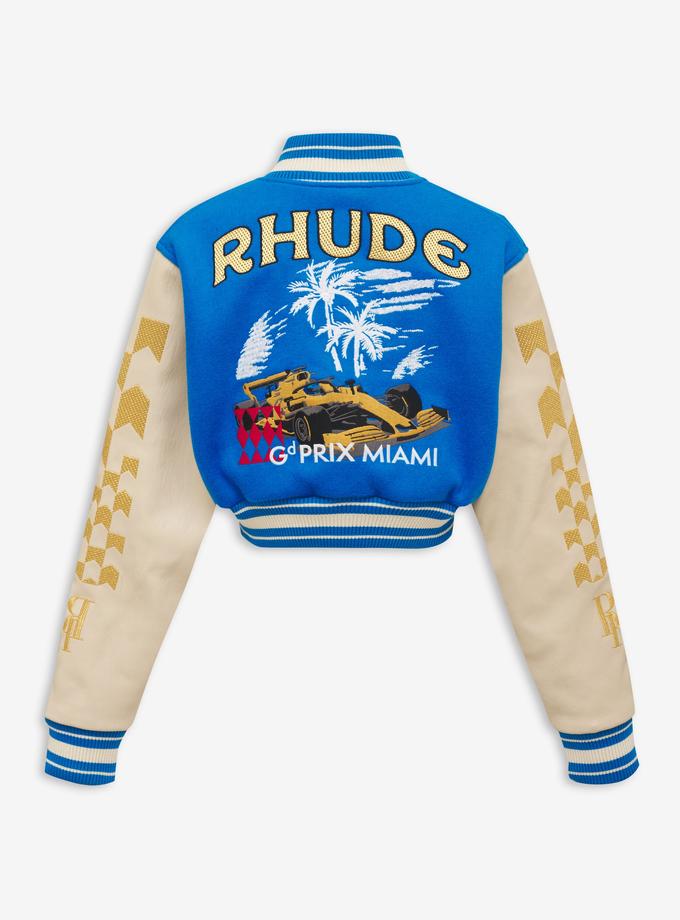 RHUDE WOMENS F1 CROPPED VARSITY JACKET Best Seller